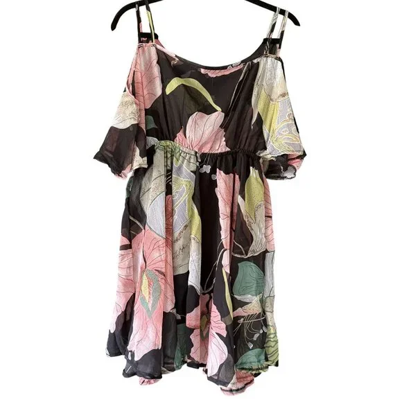 Womens Floral Cold Shoulder Dress Large Beach Boho Lightweight Flowy Fairy - Picture 4 of 5